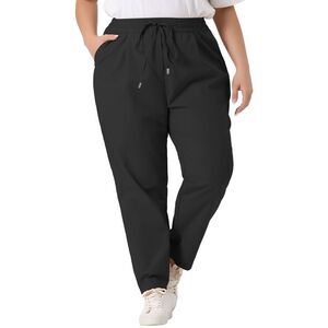 Plus Size Straight Leg Drawstring Elastic Loose Trousers with Pockets Black